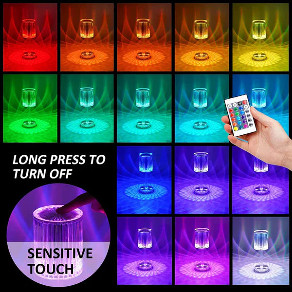 Modern Crystal LED Table Lamp with 16-Color Changing RGB, Touch Control, USB Rechargeable & Diamond Cut Design