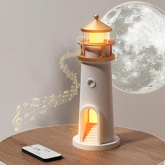 Lighthouse Moonlight Projection Lamp with Bluetooth Speaker & Remote, Dimmable LED Night Light, Cute Moon Glow Table Lamp for Bedroom, Kids Room & Unique Gifting