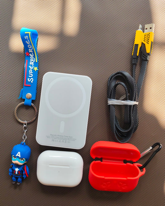 5-in-1 Premium Accessories Combo | Wireless Earbuds, MagSafe Power Bank, 65W 4-in-1 PD Fast Charging Cable, Protective Case & Keychain | Complete Tech Combo